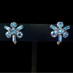 Vintage Dainty Corn Flower Blue Crystal Screw Back Earrings